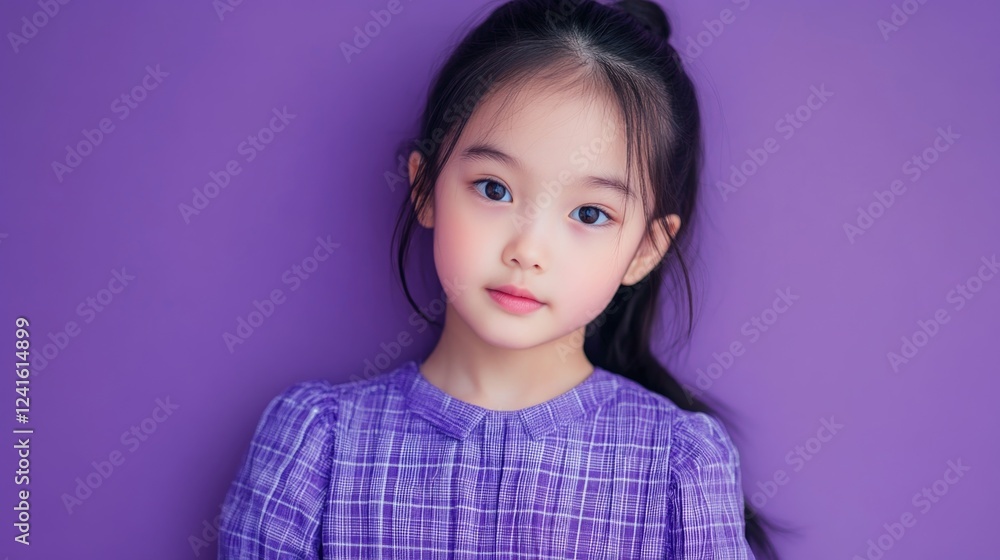 Young Asian girl dressed in a purple checkered outfit standing against a solid purple background conveying innocence and style. Young Asian girl dressed in a purple checkered outfit standing against a solid purple background conveying innocence and style.