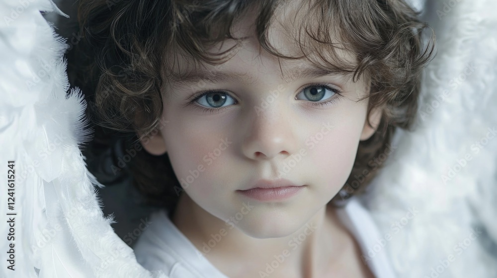 Studio portrait of angelic boy with curly hair and blue eyes, wearing white attire and surrounded by soft feathered wings, conveying innocence and purity. Studio portrait of angelic boy with curly hair and blue eyes, wearing white attire and surrounded by soft feathered wings, conveying innocence and purity.