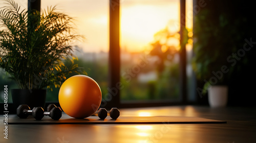 A modern fitness setup with neatly arranged dumbbells and a yoga ball in a minimalist home gym photo