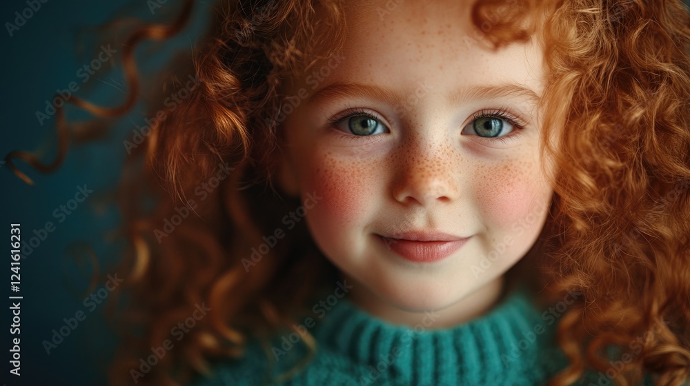 Sincere portrait of a young girl with bright blue eyes and curly red hair, wearing a turquoise sweater, against a soft blue background, capturing joyful emotions. Sincere portrait of a young girl with bright blue eyes and curly red hair, wearing a turquoise sweater, against a soft blue background, capturing joyful emotions.