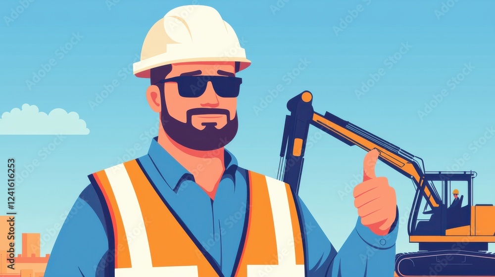 Fototapeta premium Construction worker giving a thumbs up with machinery background.