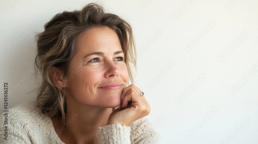 Relaxed middle-aged woman with wavy brown hair wearing cozy sweater, thoughtfully looking away to the left, reflecting on future with confidence. Relaxed middle-aged woman with wavy brown hair wearing cozy sweater, thoughtfully looking away to the left, reflecting on future with confidence.