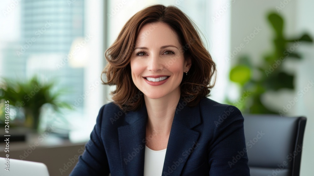 Smiling businesswoman in a modern office setting. Smiling businesswoman in a modern office setting.
