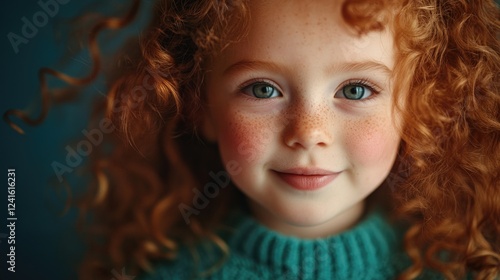 Wallpaper Mural Sincere portrait of a young girl with bright blue eyes and curly red hair, wearing a turquoise sweater, against a soft blue background, capturing joyful emotions. Torontodigital.ca