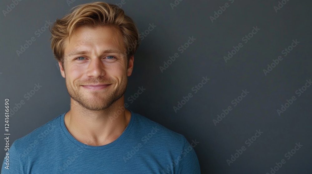Smiling 30-year-old man with wavy glossy blond hair wearing a blue t-shirt against a gray background showcasing male beauty in a classic studio portrait. Smiling 30-year-old man with wavy glossy blond hair wearing a blue t-shirt against a gray background showcasing male beauty in a classic studio portrait.
