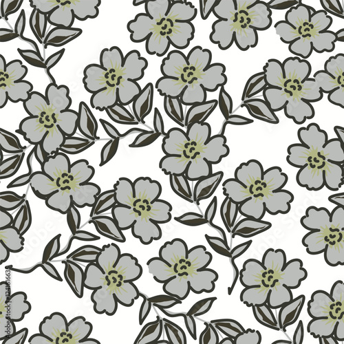 Trendy seamless vector floral pattern. Endless print made of small colorful flowers, leaves and berries. Summer and spring motifs. Dark blue background.Vector illustration