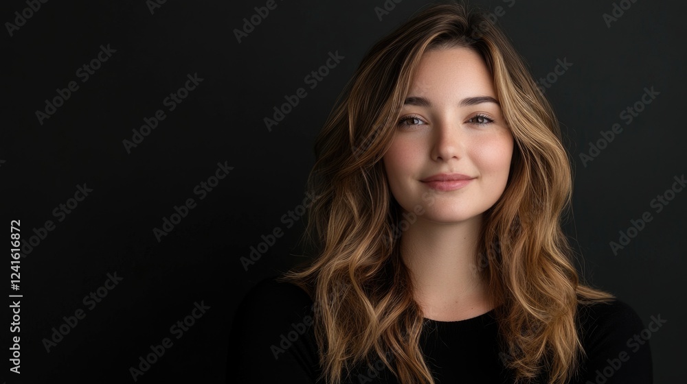 Portrait of a smiling young woman with wavy brown hair against a black background, showcasing natural beauty and confidence. Portrait of a smiling young woman with wavy brown hair against a black background, showcasing natural beauty and confidence.