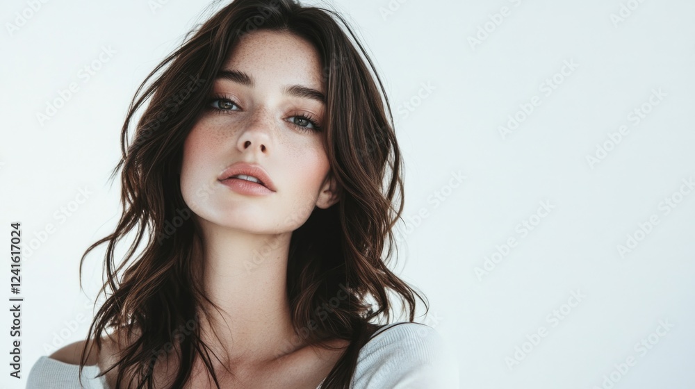 Brunette woman with wavy hair and natural makeup posing confidently against a clean white background showcasing beauty and elegance. Brunette woman with wavy hair and natural makeup posing confidently against a clean white background showcasing beauty and elegance.