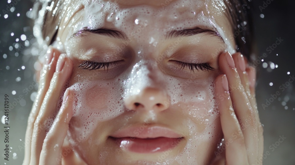 young woman with wet hair gently cleansing her face with foamy cleanser eyes closed glowing fresh skin beauty routine close-up portrait young woman with wet hair gently cleansing her face with foamy cleanser eyes closed glowing fresh skin beauty routine close-up portrait