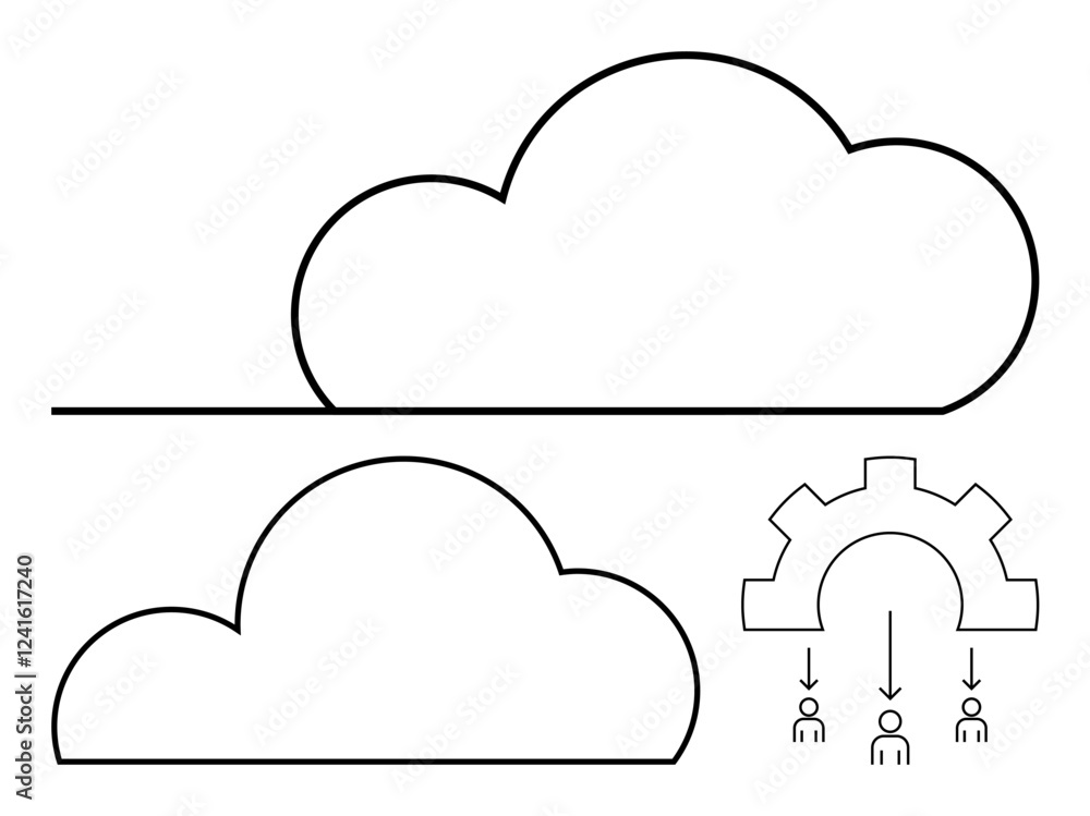 Two cloud icons, one linked to a gear symbol distributing resources to users. Ideal for technology, networking, collaboration, cloud services, IT infrastructure, resource management, digital Two cloud icons, one linked to a gear symbol distributing resources to users. Ideal for technology, networking, collaboration, cloud services, IT infrastructure, resource management, digital