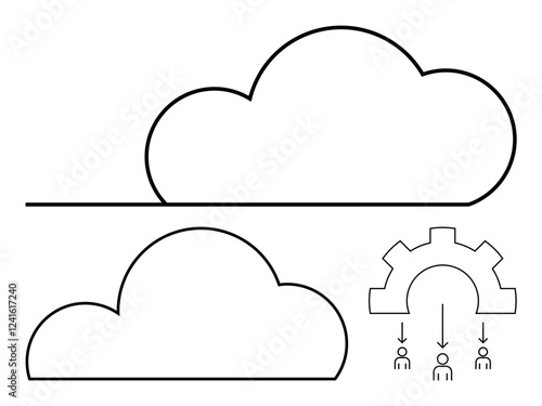 Two cloud icons, one linked to a gear symbol distributing resources to users. Ideal for technology, networking, collaboration, cloud services, IT infrastructure, resource management, digital