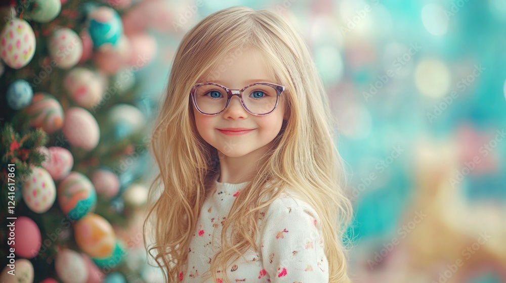 Fototapeta premium Smiling young girl with long blonde hair wearing glasses stands cheerfully near a colorful Easter tree adorned with pastel eggs in a bright setting