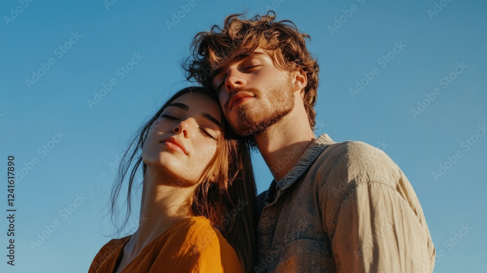 young couple embracing against clear blue sky showcasing intimate connection with soft sunlight on warm-toned outfits capturing youth and love young couple embracing against clear blue sky showcasing intimate connection with soft sunlight on warm-toned outfits capturing youth and love