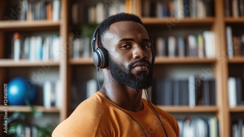 Confident black man in orange shirt wearing headphones, enjoying music while exercising at home in stylish interior with bookshelves and fitness ball. photo