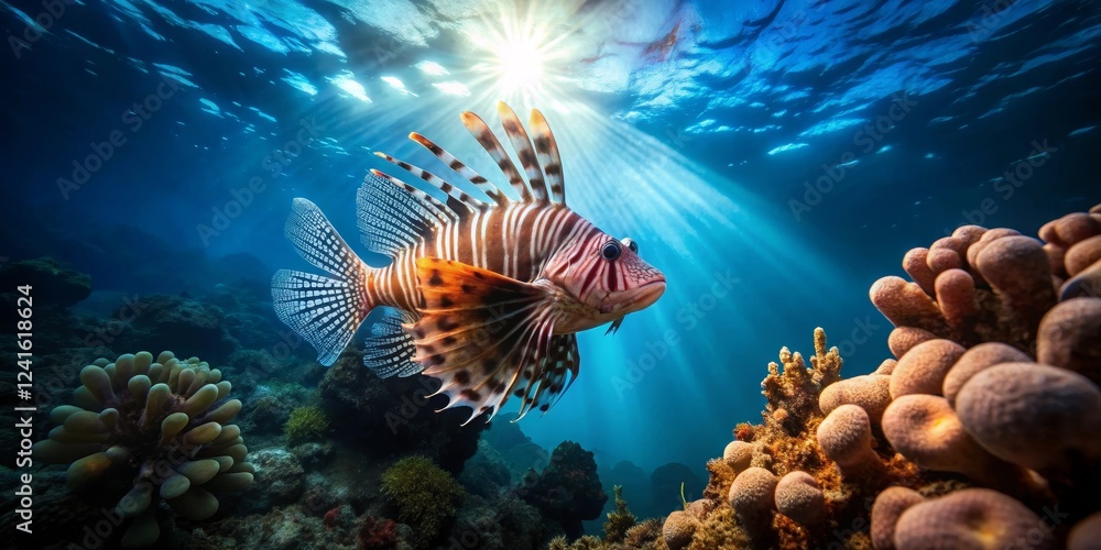Radiant Lionfish Gracefully Navigating a Vibrant Coral Reef Ecosystem in Sunlit Ocean Depths Radiant Lionfish Gracefully Navigating a Vibrant Coral Reef Ecosystem in Sunlit Ocean Depths