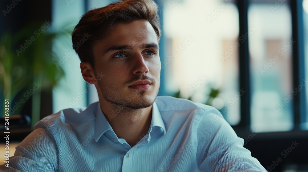 Obraz premium Confident young adult man with short light brown hair wearing a light blue shirt, seated in a modern office environment, focusing during a meeting with colleagues.