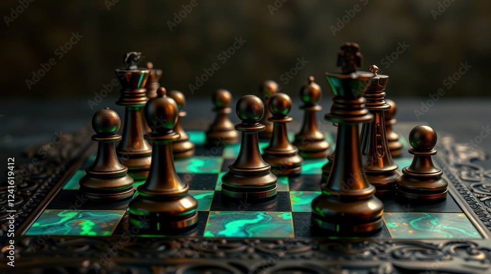Bronze Chess Set on Ornate Board Game Bronze Chess Set on Ornate Board Game