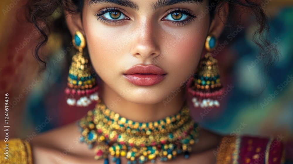 close-up portrait of young woman with dark curly hair adorned in colorful traditional jewelry including ornate earrings and a necklace, featuring vibrant hues of gold, red, and blue against a blurr... close-up portrait of young woman with dark curly hair adorned in colorful traditional jewelry including ornate earrings and a necklace, featuring vibrant hues of gold, red, and blue against a blurr...