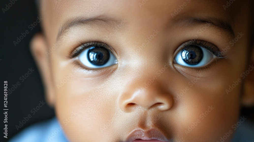 Close-up portrait of an adorable infant boy with large expressive brown eyes, soft skin, and a curious expression against a dark background. Close-up portrait of an adorable infant boy with large expressive brown eyes, soft skin, and a curious expression against a dark background.
