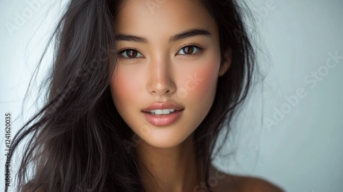 Wallpaper Mural Captivating portrait of a young Asian woman with long dark hair and radiant skin, softly lit against a light gray background, showcasing natural beauty and elegance. Torontodigital.ca