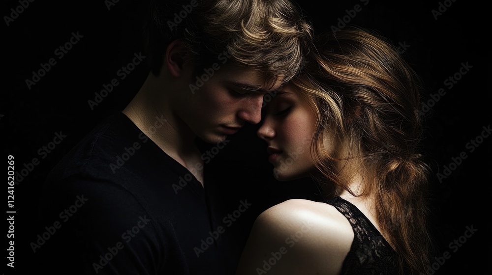 Intimate portrait of young couple with light skin embracing each other in a romantic pose against a dramatic black background highlighting their emotions. Intimate portrait of young couple with light skin embracing each other in a romantic pose against a dramatic black background highlighting their emotions.