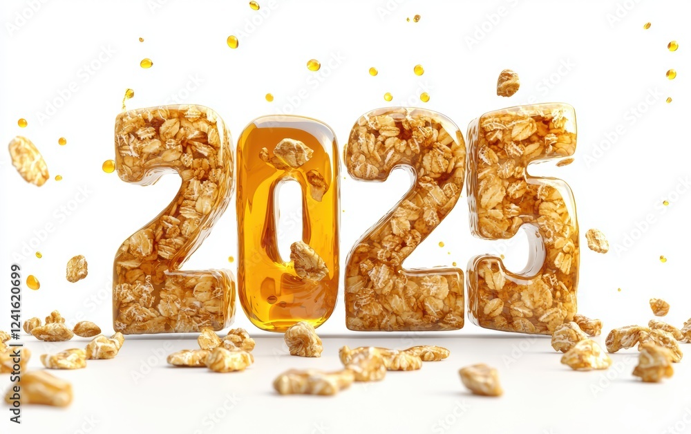 Naklejka premium 2025 Created from Crunchy Granola Bars with Honey Drizzle Isolated on a White Background