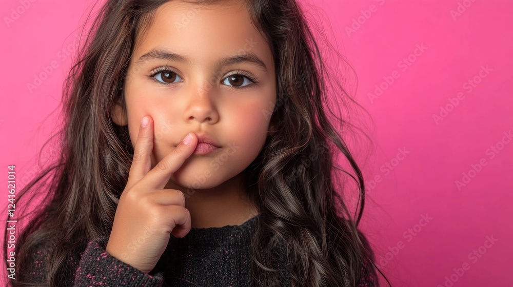 Fototapeta premium Young Colombian girl signaling silence with finger on lips, against vibrant pink background, capturing innocence and playful demeanor.