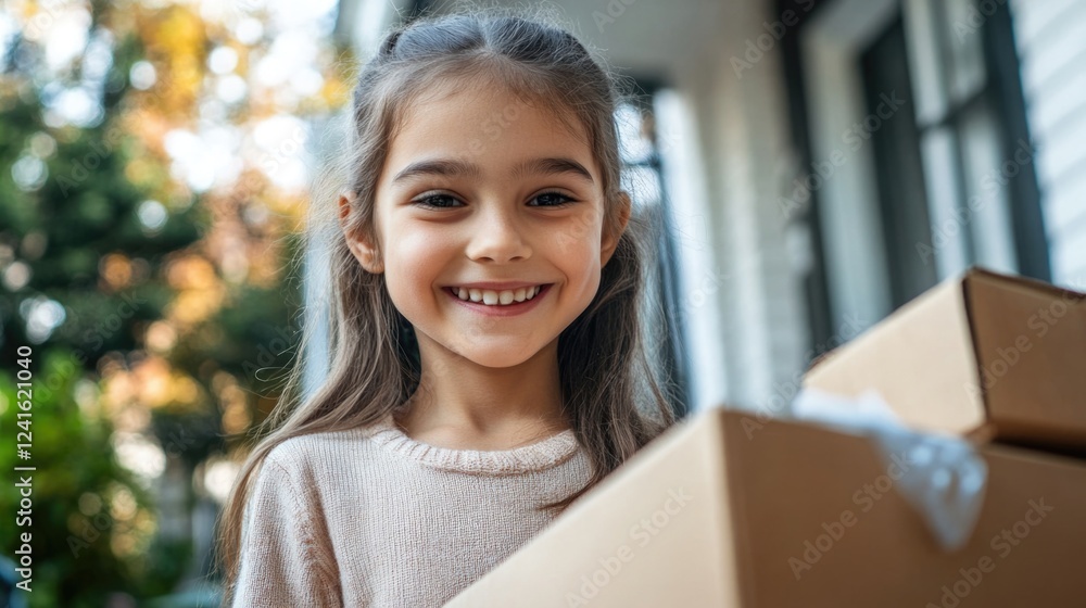 Cheerful elementary school girl with long brown hair smiling while receiving a home delivery in a sunny residential setting with green foliage. Cheerful elementary school girl with long brown hair smiling while receiving a home delivery in a sunny residential setting with green foliage.