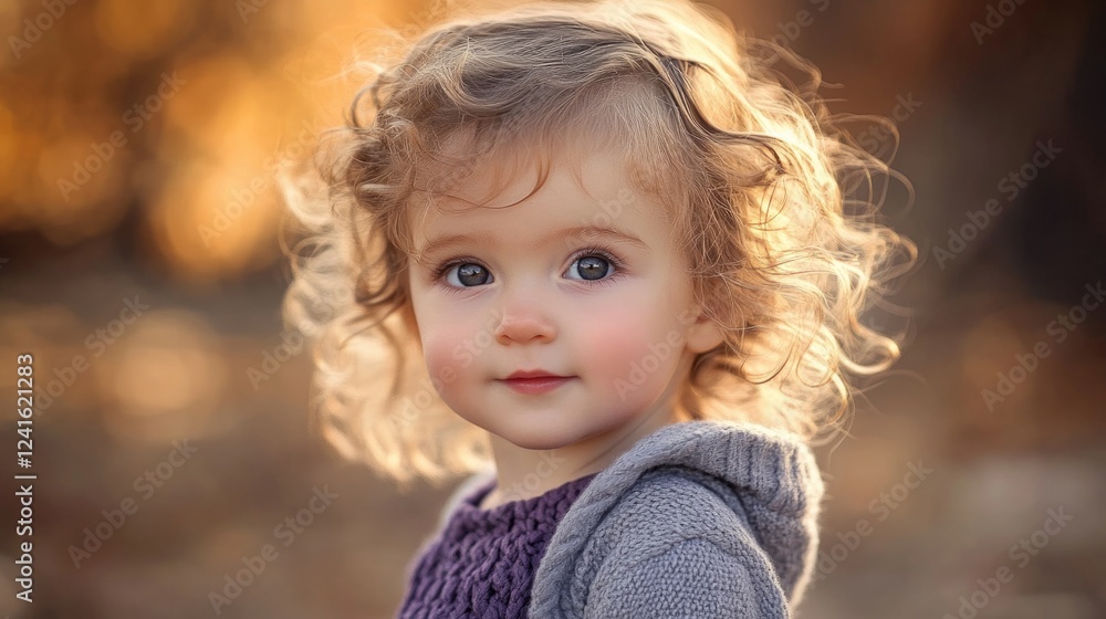 Curly-haired toddler girl wearing a knitted purple dress and grey jacket joyfully playing outdoors on a sunny day with warm golden bokeh background Curly-haired toddler girl wearing a knitted purple dress and grey jacket joyfully playing outdoors on a sunny day with warm golden bokeh background