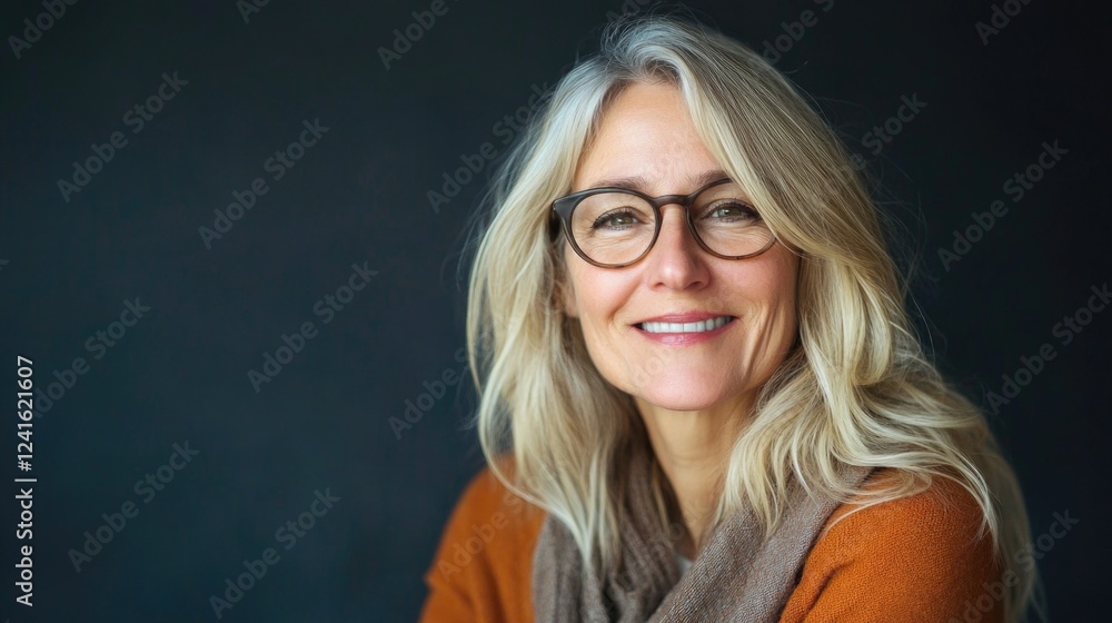 Portrait of a smiling middle-aged blonde woman with glasses wearing an orange sweater and gray scarf against a dark background. Portrait of a smiling middle-aged blonde woman with glasses wearing an orange sweater and gray scarf against a dark background.