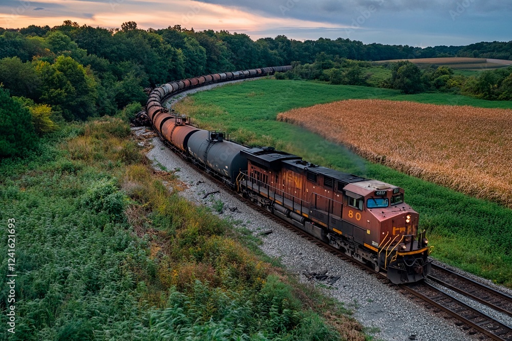 Majestic train journeys through rolling green fields at sunset in rural landscapes Majestic train journeys through rolling green fields at sunset in rural landscapes