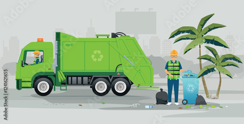 Workers and garbage trucks in the city on a gray background.