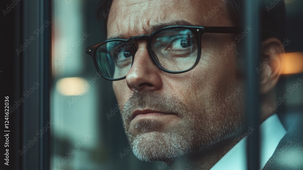 Professional businessman with glasses gazing thoughtfully through an office window in an urban setting showcasing reflections and modern architecture. Professional businessman with glasses gazing thoughtfully through an office window in an urban setting showcasing reflections and modern architecture.