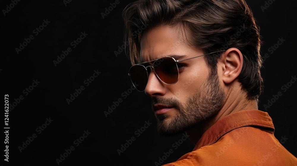 handsome young man with stylish sunglasses posing in side profile against a dramatic black studio background showcasing modern fashion and confidence handsome young man with stylish sunglasses posing in side profile against a dramatic black studio background showcasing modern fashion and confidence