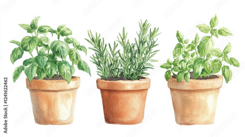 Three potted herbs: basil, rosemary, and another variety, all depicted in a watercolor style, showcasing vibrant greenery and rustic terracotta pots. Three potted herbs: basil, rosemary, and another variety, all depicted in a watercolor style, showcasing vibrant greenery and rustic terracotta pots.