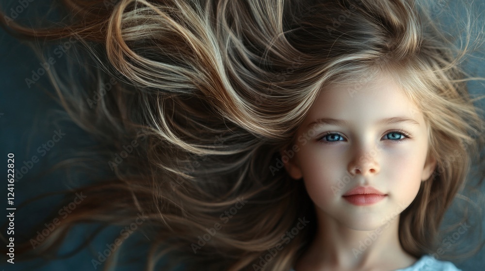 Naklejka premium Portrait of a young girl with long, flowing blonde hair arranged artistically on a soft blue background, capturing an enchanting and serene expression.