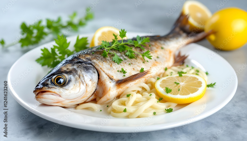 Delicious Fish Dish With Lemon Background Delicious Fish Dish With Lemon Background