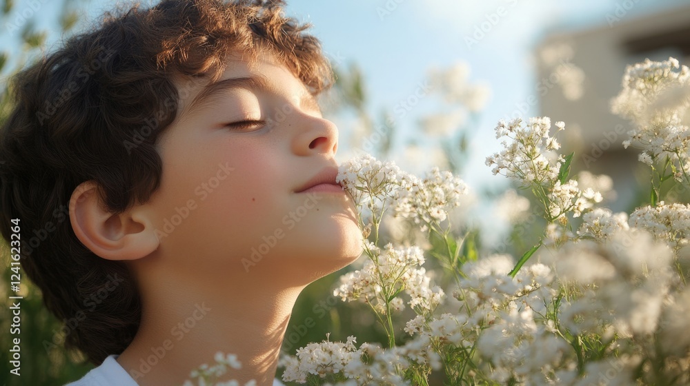 Young boy with curly hair peacefully enjoying the scent of delicate white flowers in a sunlit park setting, surrounded by lush greenery. Young boy with curly hair peacefully enjoying the scent of delicate white flowers in a sunlit park setting, surrounded by lush greenery.
