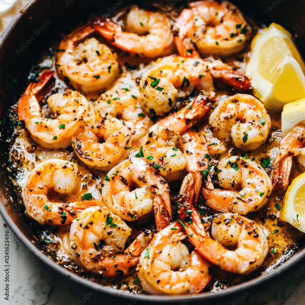 Delicious shrimp sautéed in garlic butter with lemon slices and herbs garnishing a skillet meal. Generative AI Delicious shrimp sautéed in garlic butter with lemon slices and herbs garnishing a skillet meal. Generative AI