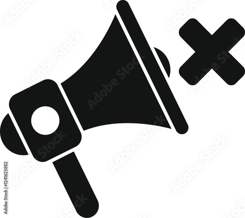 Simple black and white vector icon of a megaphone with a large cross over it, indicating no sound or muting