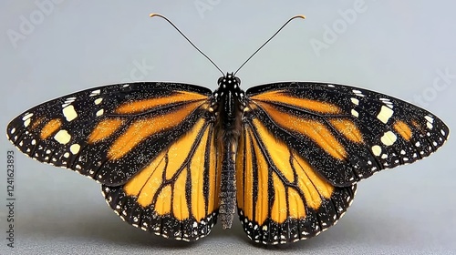 Monarch butterfly wings, studio shot, gray background, nature photo