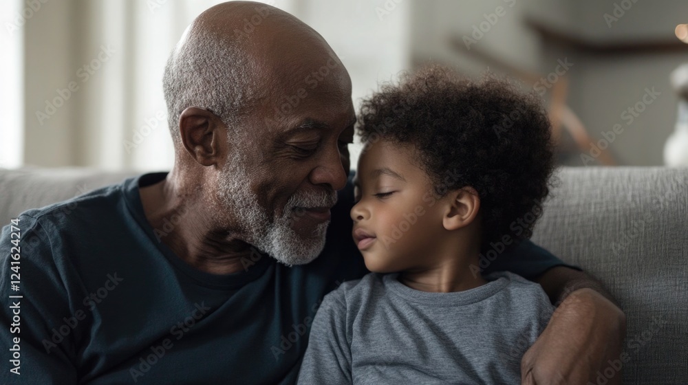 Fototapeta premium Tender moment between grandfather and grandson sharing love and joy while sitting closely on a sofa in a cozy home setting.