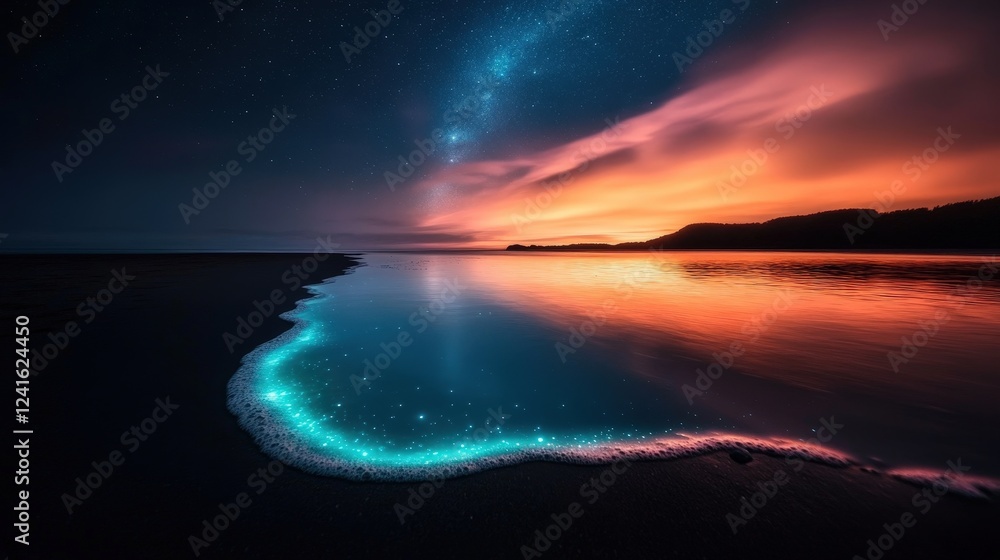 Fototapeta premium A captivating seashore with sparkling waters illuminated in vivid hues, creating a captivating dialogue between sky and sea at twilight, evoking emotions of peace and awe at nature’s beauty.