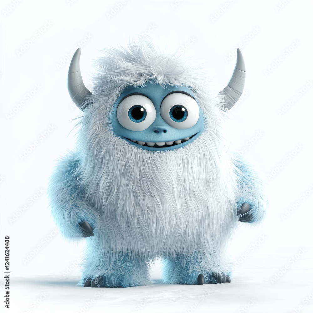 Obraz premium cute yeti with icy blue fur, tiny horns, and a playful expression, standing in a snowy landscape, isolated on white