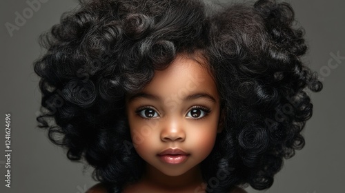 Wallpaper Mural Adorable black girl with beautiful voluminous curly hair against a soft grey background, showcasing innocence and charm in childhood portraiture. Torontodigital.ca