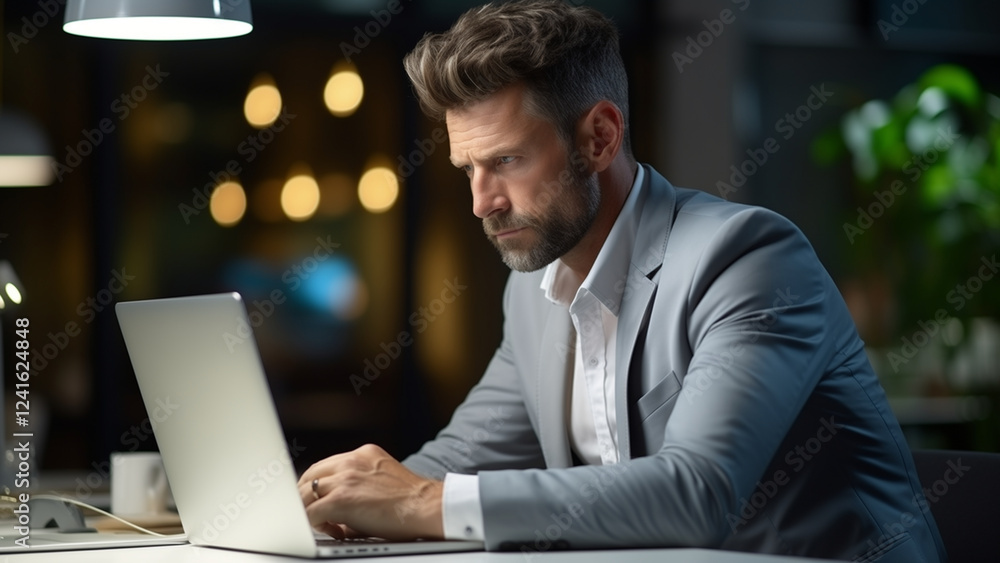 Focused Businessman Working Intensely in Stylish Office Focused Businessman Working Intensely in Stylish Office