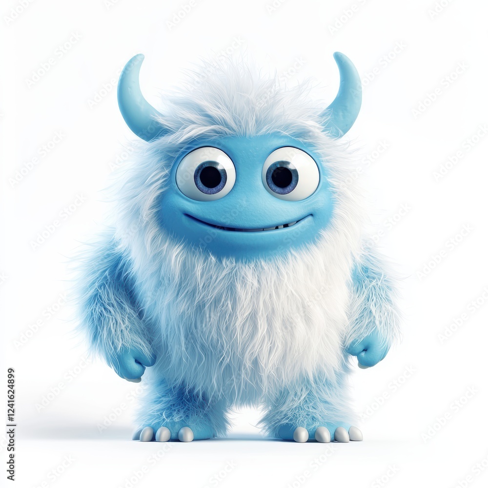 Obraz premium cute yeti with icy blue fur, tiny horns, and a playful expression, standing in a snowy landscape, isolated on white