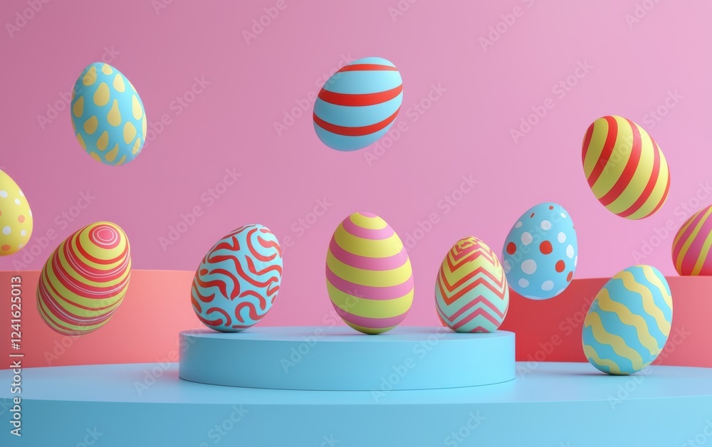 Fototapeta premium Modern mockup background with space for text decorated with floating 3D Easter eggs in bold neon colors and abstract geometric patterns for Easter