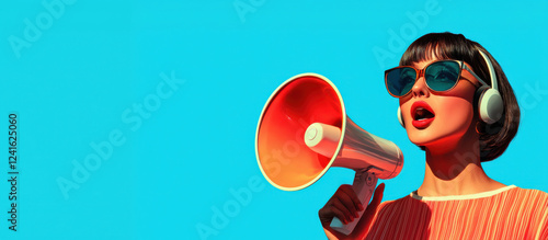 Vibrant woman speaking through a megaphone against a blue background.