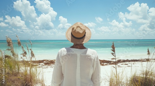 Fototapeta Naklejka Na Ścianę i Meble -  Senior woman enjoying a tranquil Caribbean beach vacation in white linen attire and straw hat, gazing at the clear blue sea and sky from the sand dunes.